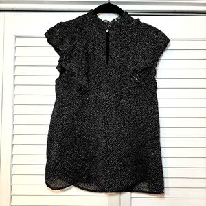 LOFT Women’s Ruffle Cap Sleeve Blouse Size Small Black Sheer Dot Keyhole Top